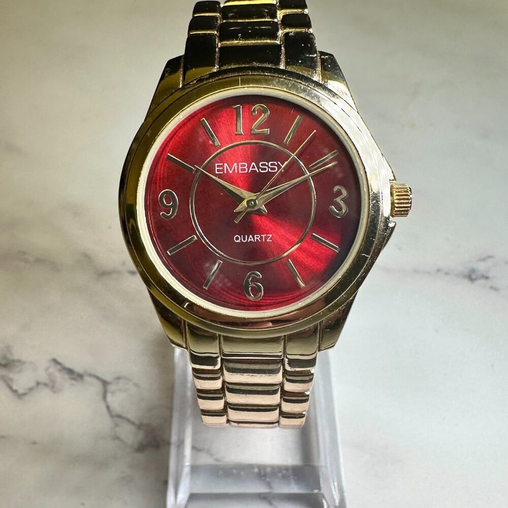 3/$30 Embassy Watch Gold Tone Women Red Dial Round 33MM New Battery 7.25 Inch